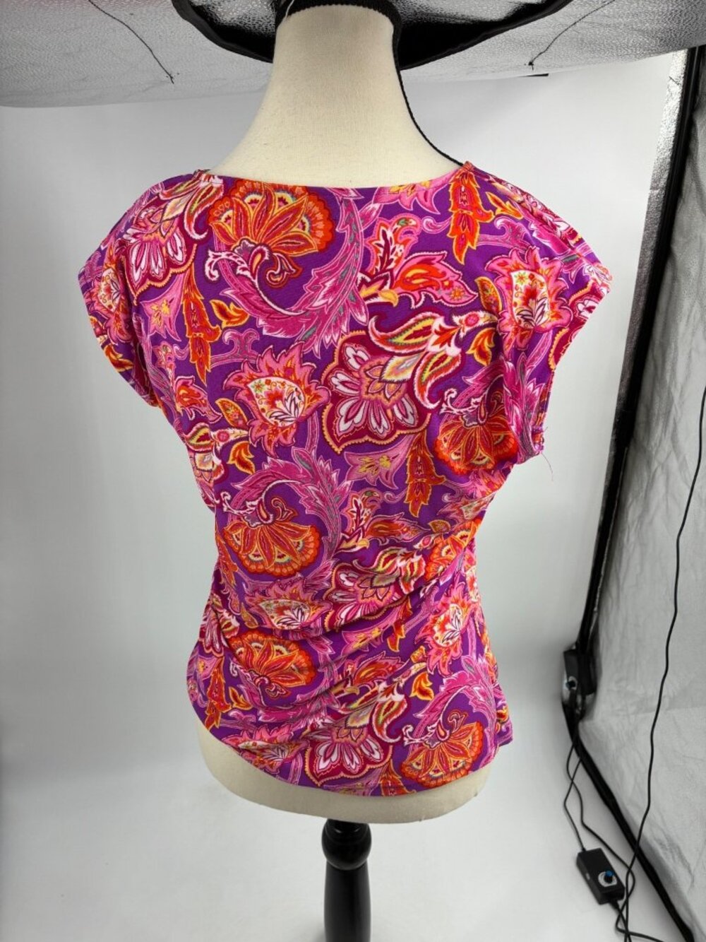 Chaps Womens PL Petite Purple Pink Orange Paisley V-Neck Ruched Wrap Knit Top - Picture 5 of 7